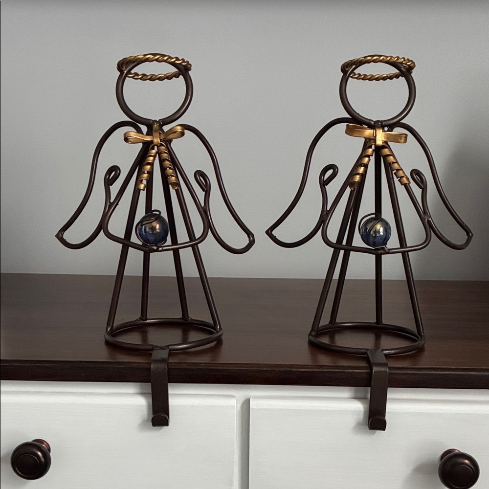 S/2 Brown Metal Angel Stocking holders with gold bows